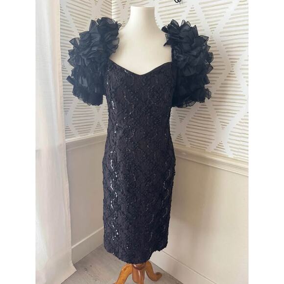 Evening by Pantagis Women’s Medium Vintage 80’s Black Puff Sleeve Sequin Dress - Picture 1 of 7